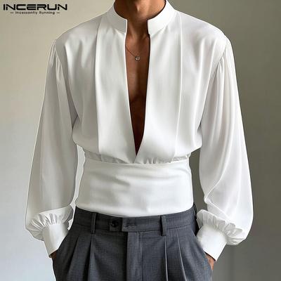 Mens Deep V Neck Long Sleeve Wrap Waist Solid Loose Shirts Tops