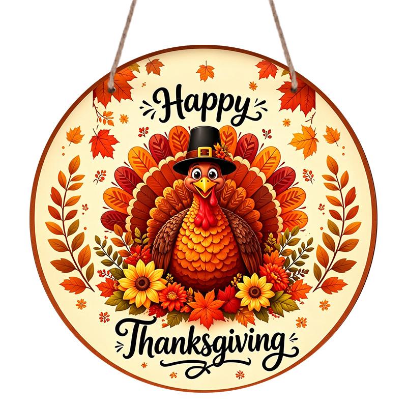 2D Flat, 1pc Round Aluminum Hanging Sign, Happy Thanksgiving Turkey Decor Sunflower Print, Holiday Yard Porch Garden Balcony Home Decor, Harvest 7.87×7.87inch
