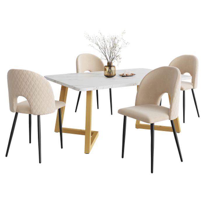 Essgruppe - MUVOE - Tisch 117x68 cm - 4 Stühle - Beige Samt - Verstellbare Füße
