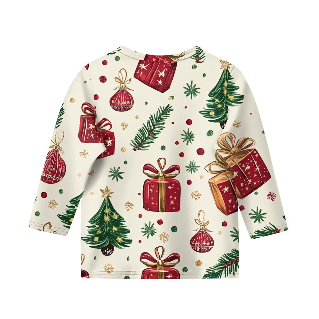 Christmas Day Print Tops For Youth Girls 5-16 Years Round Neck 3/4 Sleeves T-Shirts Trendy Tops Outfit Tees