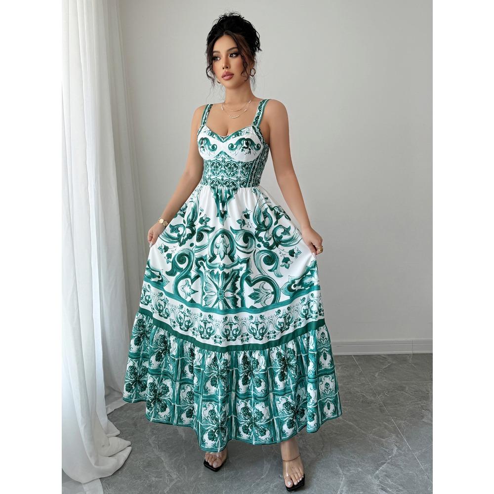 Casual Simple Suspender Printed Long Skirt Dress Women's Autumn and Winter 2025