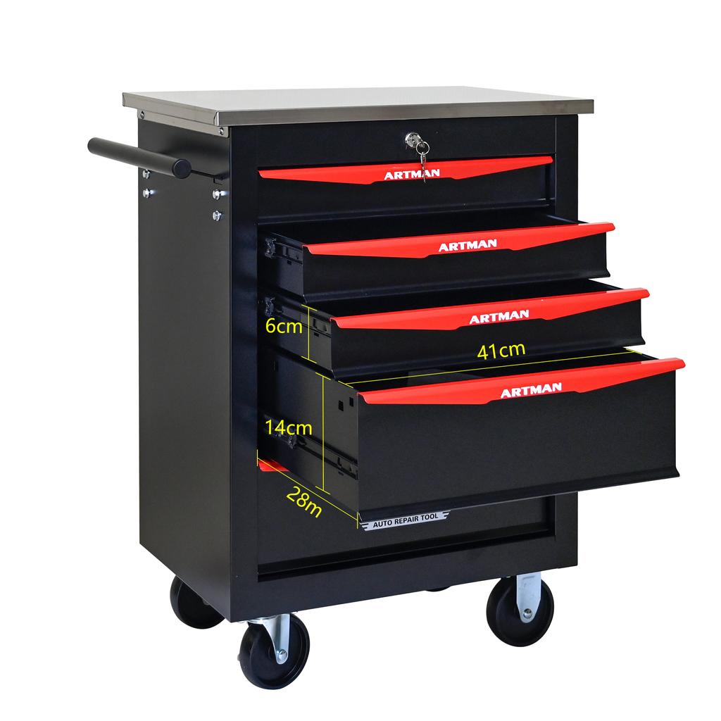5-Drawer Multifunctional Tool Trolley with Casters, for Garage, Workshop, Warehouse and Repair Shop, with Stainless Steel Worktop, Black-Red