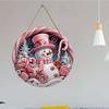 Pink snowman candy cane theme round wooden hanging plaque festive wall decor front door sign farmhouse Christmas home holiday ornament