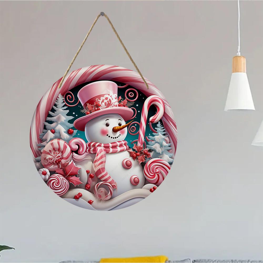 Pink snowman candy cane theme round wooden hanging plaque festive wall decor front door sign farmhouse Christmas home holiday ornament