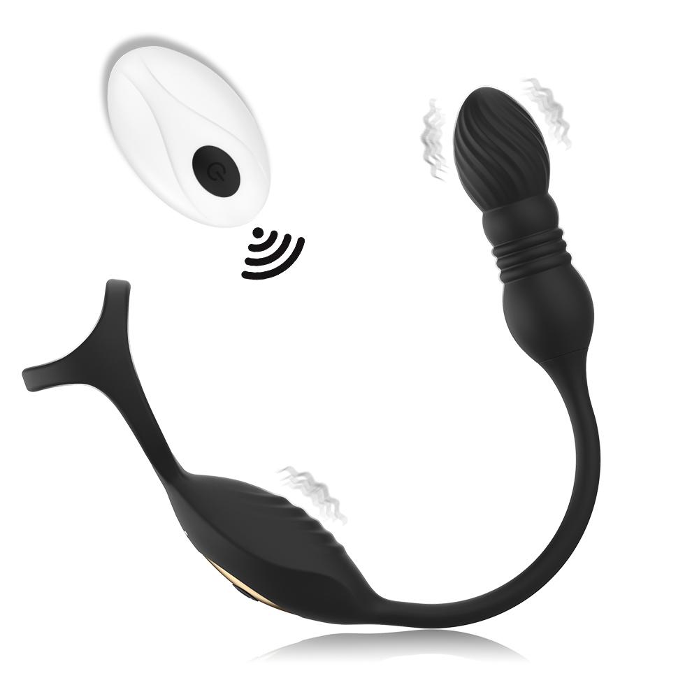 Anal Sex Toy with Cock Ring Thrusting Prostate Massager Taint Testicle Stimulator Remote Control Butt Plug Penis Ring Vibrator