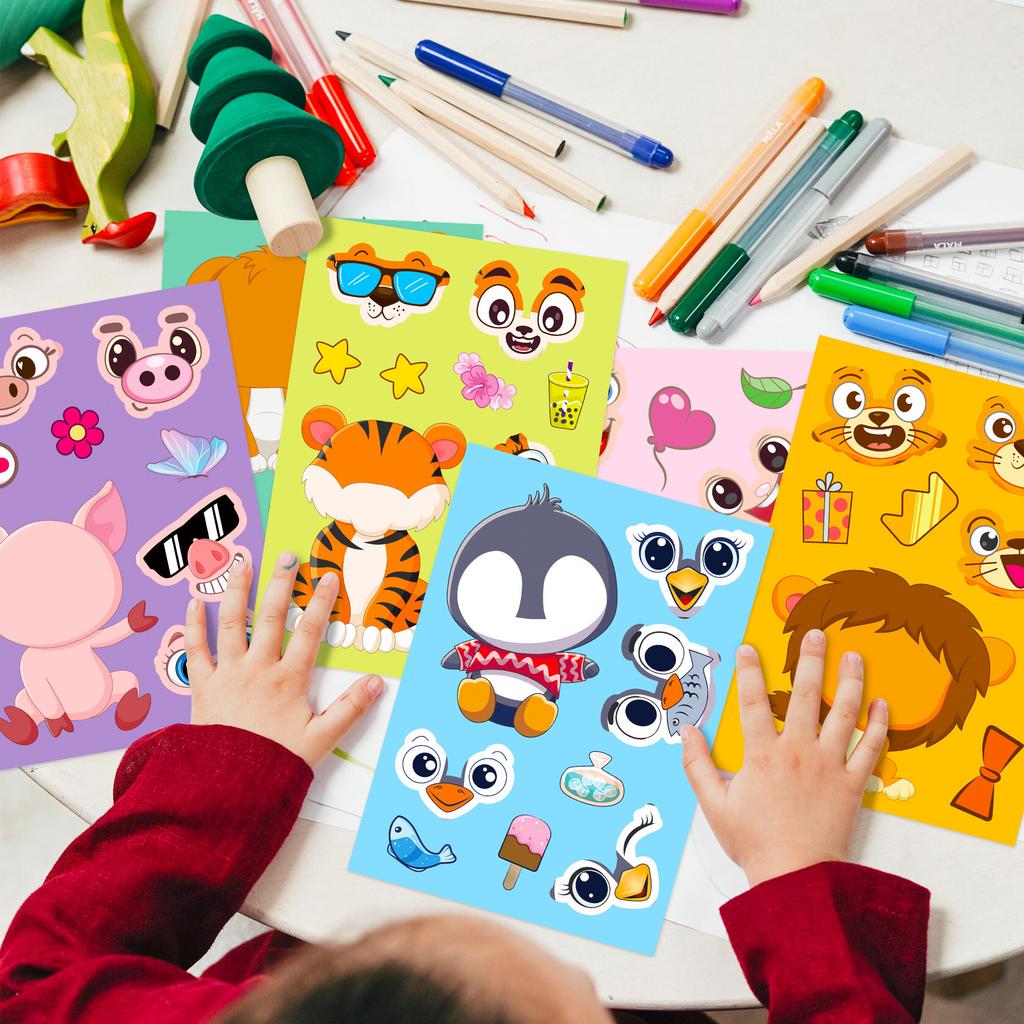 Non-Toxic 6 Sheets Face Kids Cartoon Animal Stickers Set Make-A- Decals For Notebook Phone Laptop Stationery Decoration