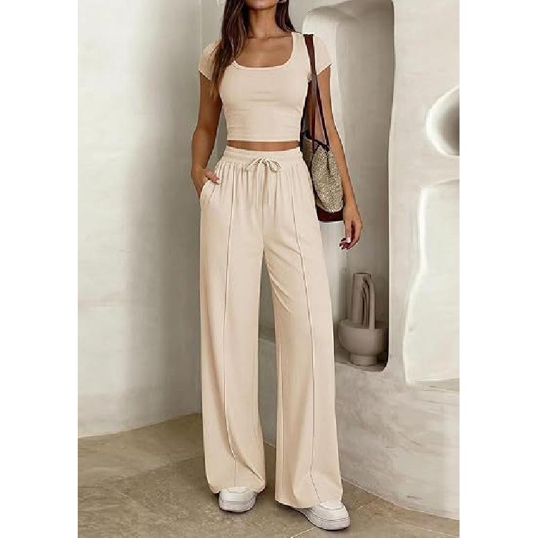 2026 Spring/Summer New Women's Casual Slim-Fit Two-Piece Set with Short Sleeves and Long Pants for Commuting