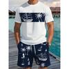 2 Piece Men's Short Sleeve Shorts Set Coconut Tree Print Round Neck T-shirt