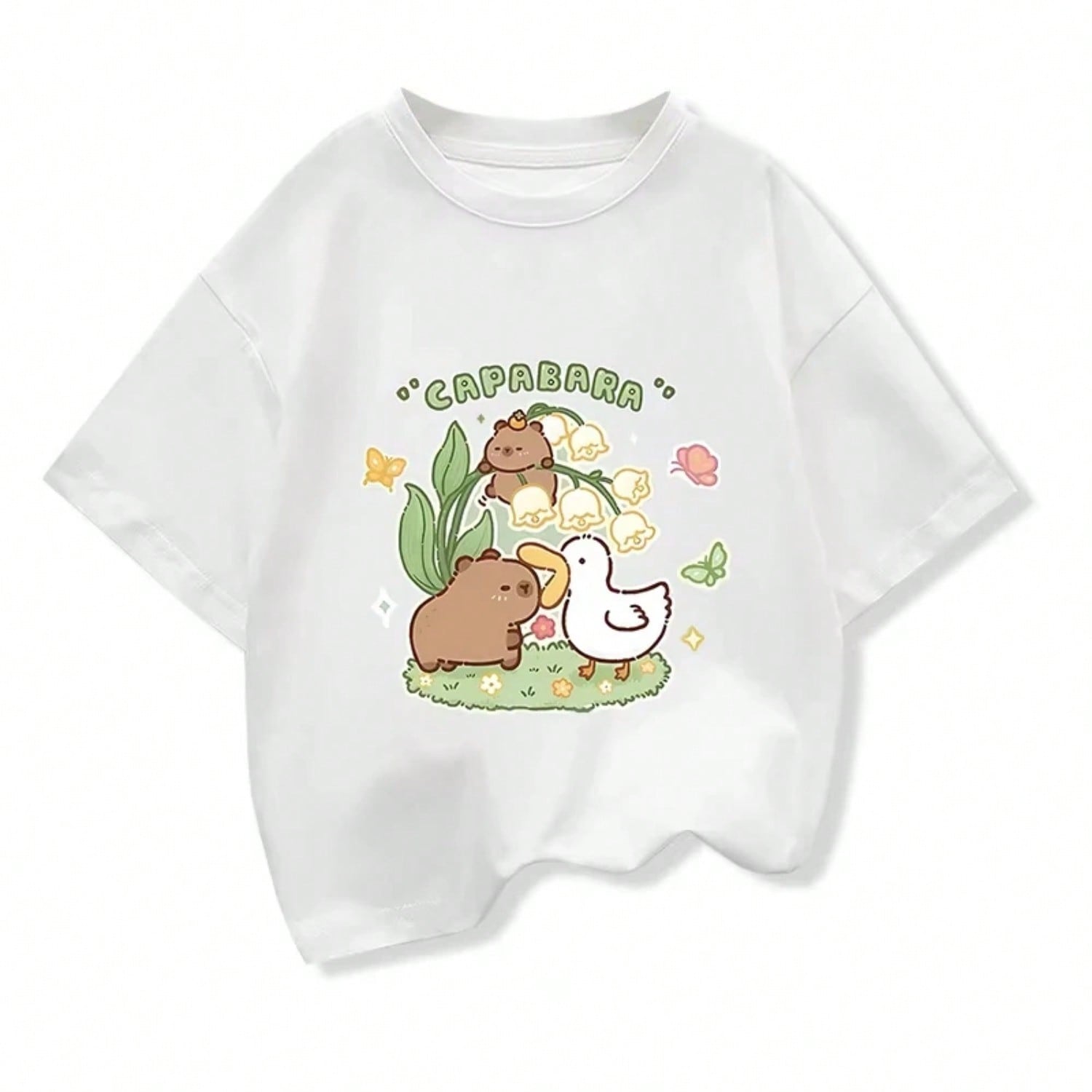 2024 Y2K Summer Girls Clothing Capibara Letters Children Clothing T-Shirt Summer Printed Cartoon Short Sleeve T-Shirt Street Ret S разноцветный