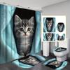 4pcs Funny Cat Print Waterproof Shower Curtain With 12 Hooks Non-Slip Bathroom Rug Toilet U-Shape Mat Toilet Lid Cover Pad