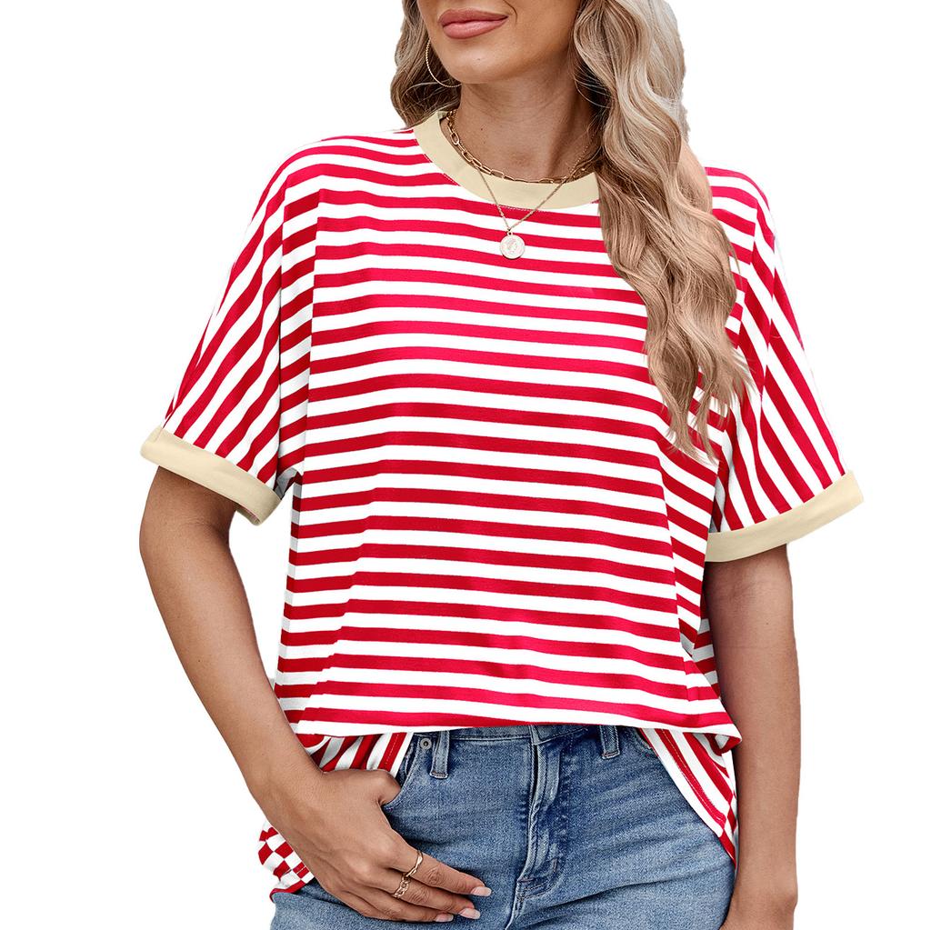 Summer Loose Fit Striped Round Neck T-Shirt Women