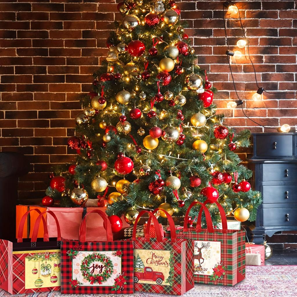 8/16pcs Festive Christmas Gift Bags With Handles - Foldable, Multi-Use Woven Fabric Totes For Home 2026 Winter Light Gift Packag