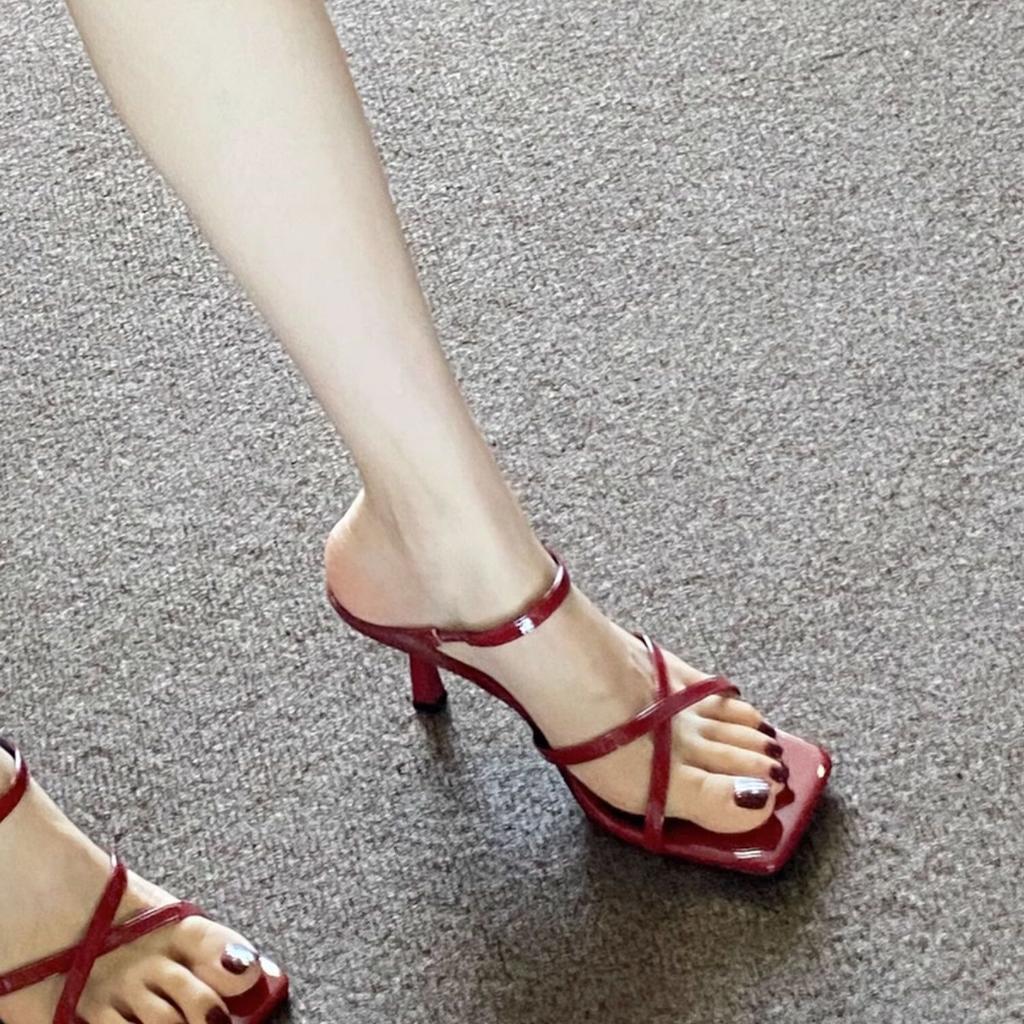 Super white! Can wear slippers outside women's summer 2025 new red cross with square head stiletto high heel sandals