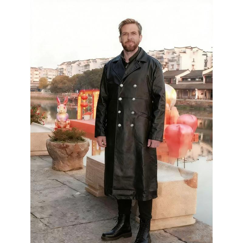 Large size European and American style long double-breasted PU leather jacket men's slim-fitting lapel leather coat jacket is trendy and fashionable