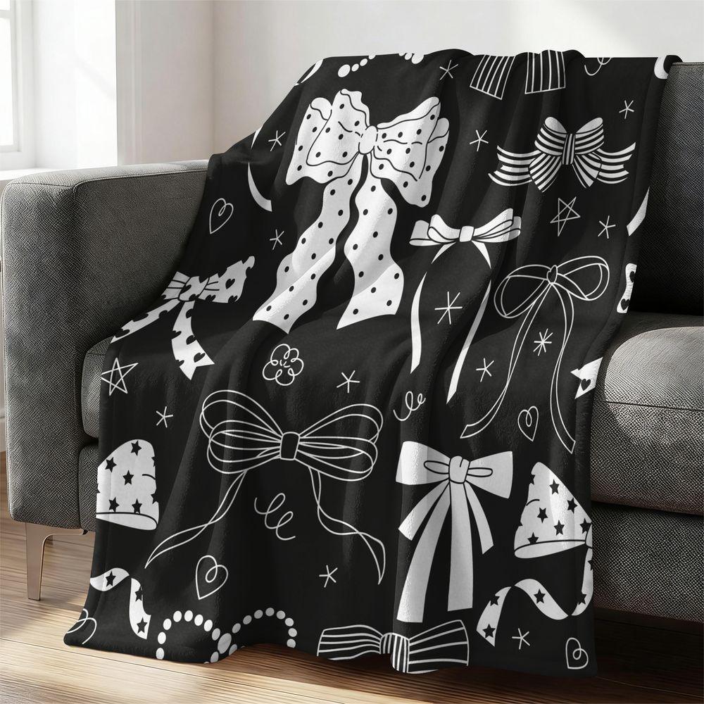 Whimsical Bow Print Flannel Blanket Soft Cozy Throw Blanket for Bed Couch Decorative Aesthetic Gift Blanket Home Decor 75X95CM