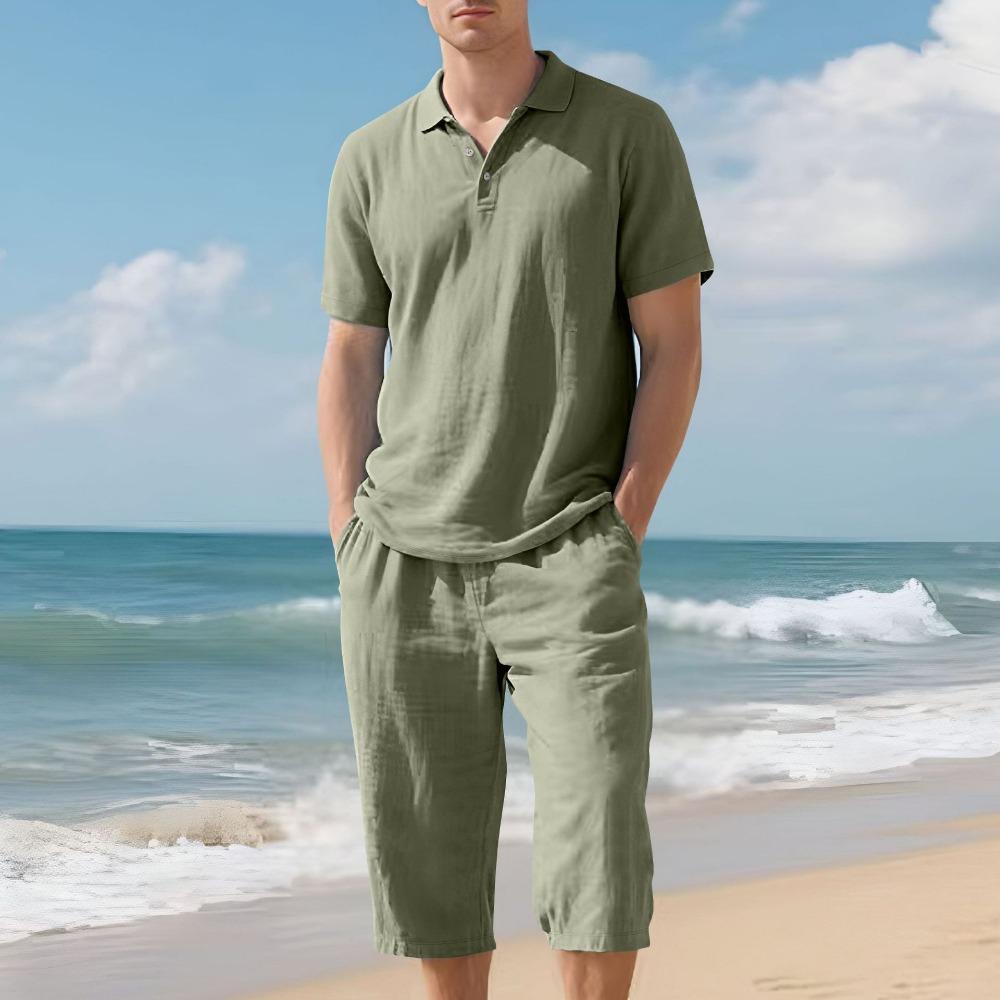 Men's Summer New Short Sleeve and Shorts Set, Made of Linen Fabric, A High-Quality Two-Piece Short Sleeve and Shorts Set