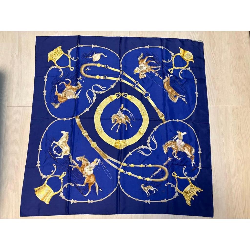 Used HERMES Scarf Kare90 Horse Tack Pattern Blue