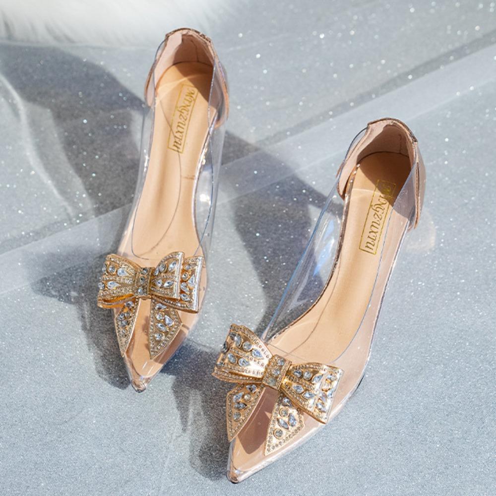 Fashion Fashion High Heels for Women Spring/Autumn Pointed Thin Heels Transparent Single Shoes New Rhinestone Bow High Heels for Women