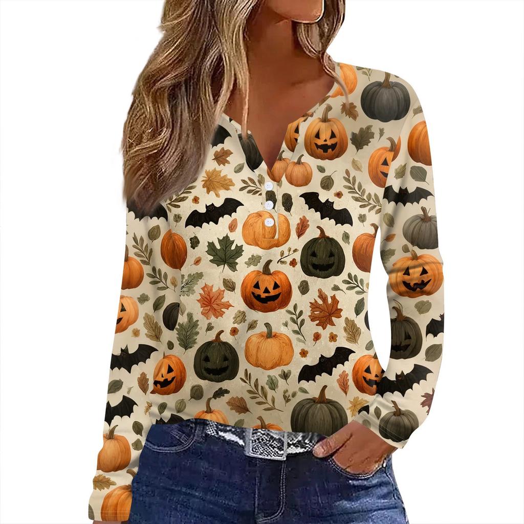 Dámské tričko s potiskem Halloweenu, knoflíky, dlouhý rukáv, denní, víkendová móda, základní, výstřih do V, běžný top
