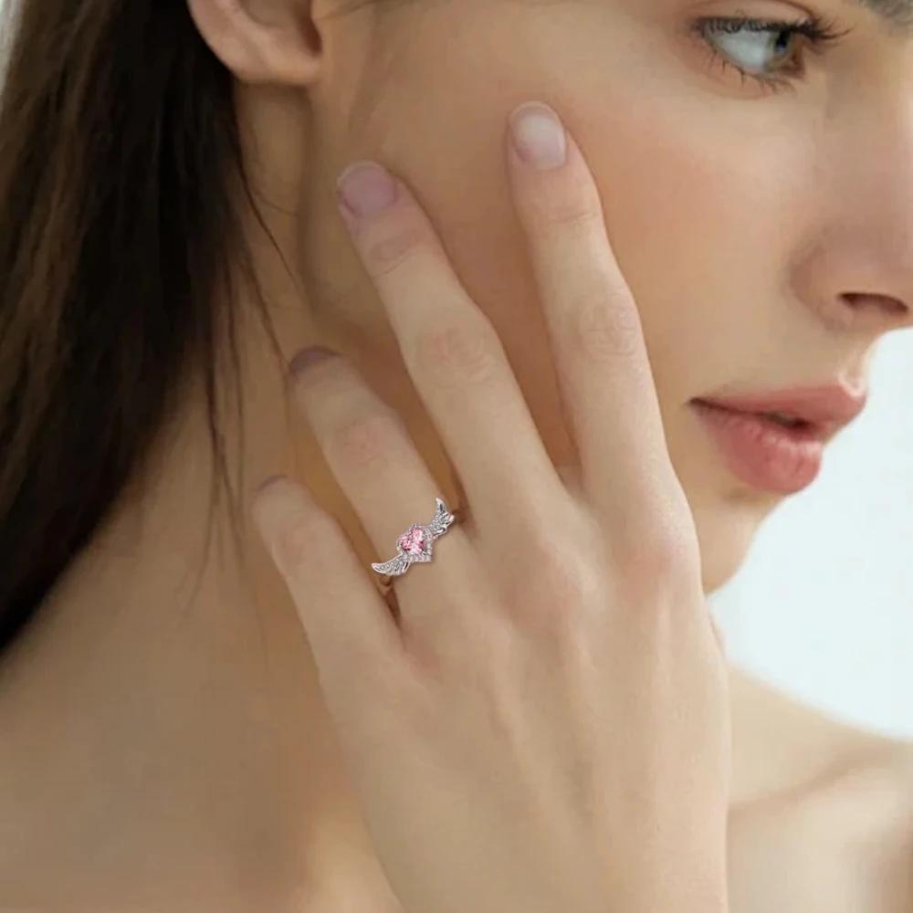 Chic Angel Wing Ring for Couple Pink Heart Cubic Zirconia Eternity Rings Romantic Forever Love Finger Jewelry Valentine Day Gift