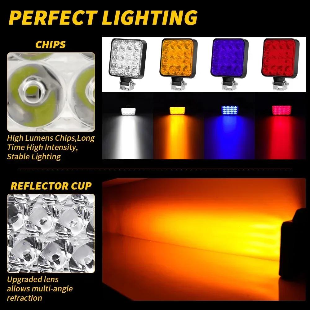 12V-24V Waterproof Led Work Light Bar Square Spotlight 48W Work Light Headlight For Truck Off Road Night Driving Light For SUV