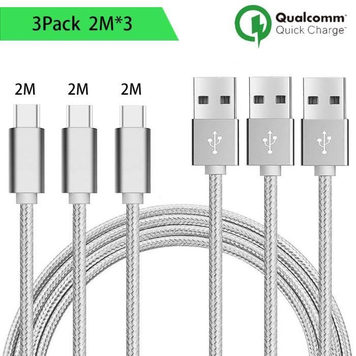 Câble USB Type C - Samsung - Galaxy S8 S8Plus S9 S9Plus S10 - 2M - Nylon Argenté