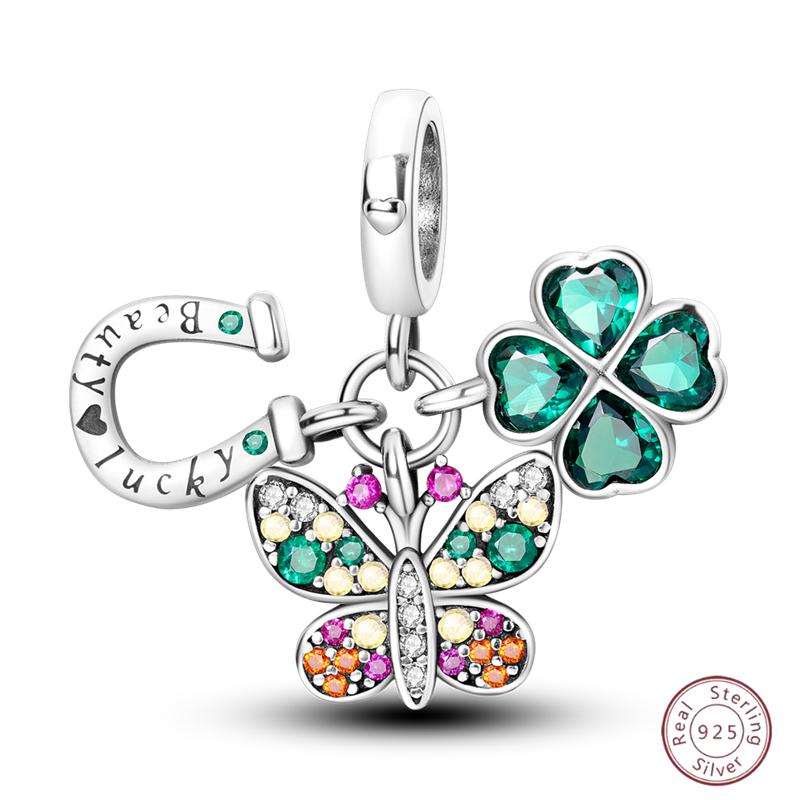 Copper Beaded Four Leaf Clover Lucky Shiny Zirconia For Original 3Mm Bracelet Women Fine Jewelry