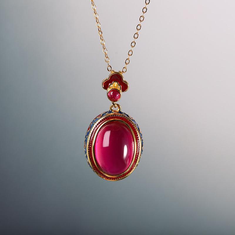 

Vintage Enamel Auspicious Clouds Pendant Natural Carnelian Red Oval Necklaces Light Luxury And Exquisite Clavicle Chain Jewelry 45cm
