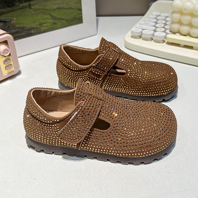 Foreign style girls fashion rhinestone Birkenstocks 2025 autumn new children's soft-soled comfortable leather shoes casual shoes single shoes