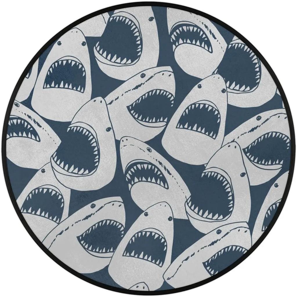 Ocean Animal Shark Patterns Round Rug,Washable Soft Circular Floor Mat, Non Slip Low Pile Area Rugs for Kids Bedroom Bathroom