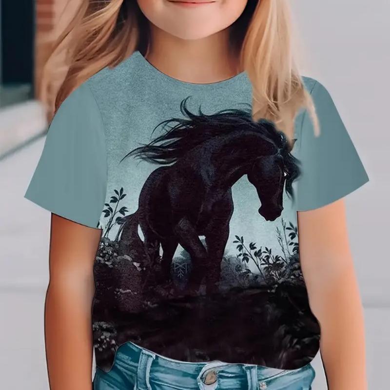Vestiti per Bambina Estate Carini e Divertenti Animale Cavallo Girocollo Maniche Corte Stampa Maglietta Moda Streetwear Top Maglietta Bambina