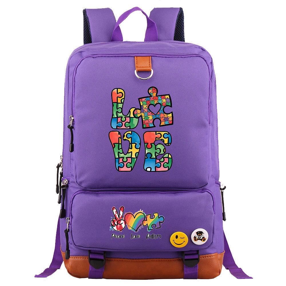Autism Awareness LOVE Puzzle Print Back To School Backpack Casual Daypack Large Capacity Student Bookbag for Boys Girls Travel