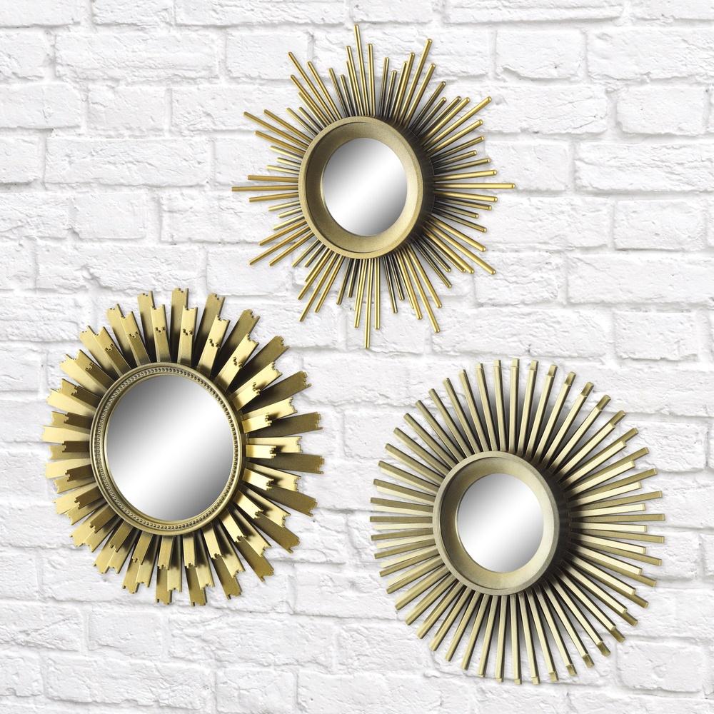 Conjunto de 3 Espelhos Decorativos de Parede Redondos Sunburst Chic Moderno de Meio de Século Moldura Dourada Leve Decoração de Casa para Interior