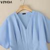 VONDA Women Girls V Collar Short Sleeve Ruffled Slim Waist Casual Blouse