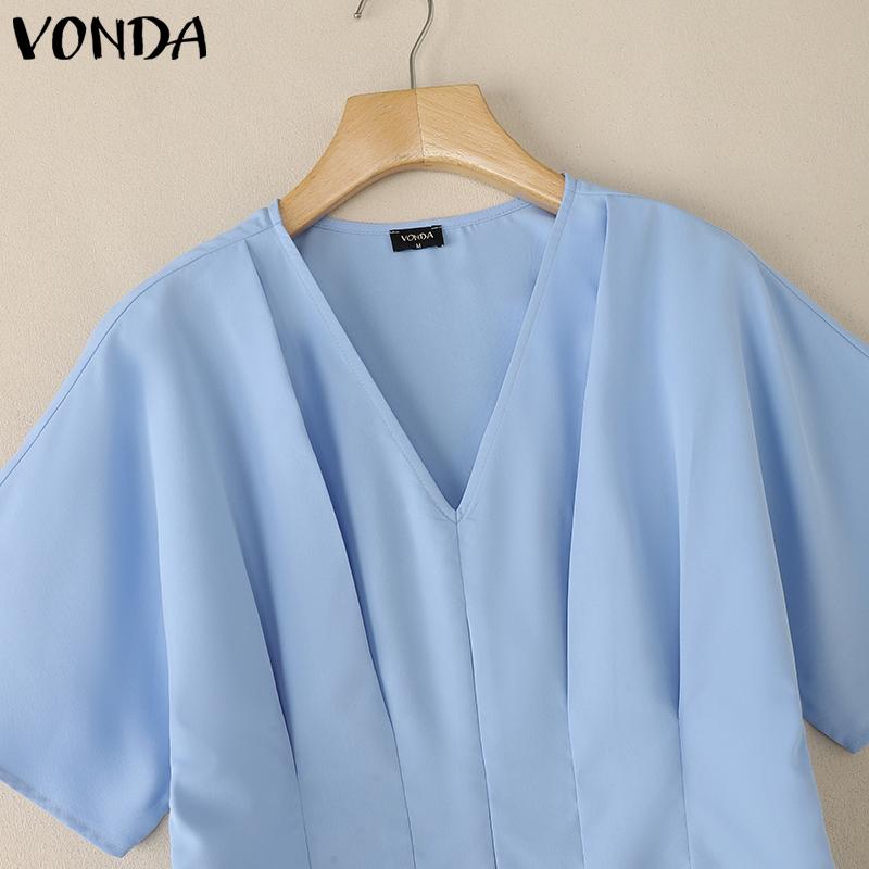 VONDA Women Girls V Collar Short Sleeve Ruffled Slim Waist Casual Blouse