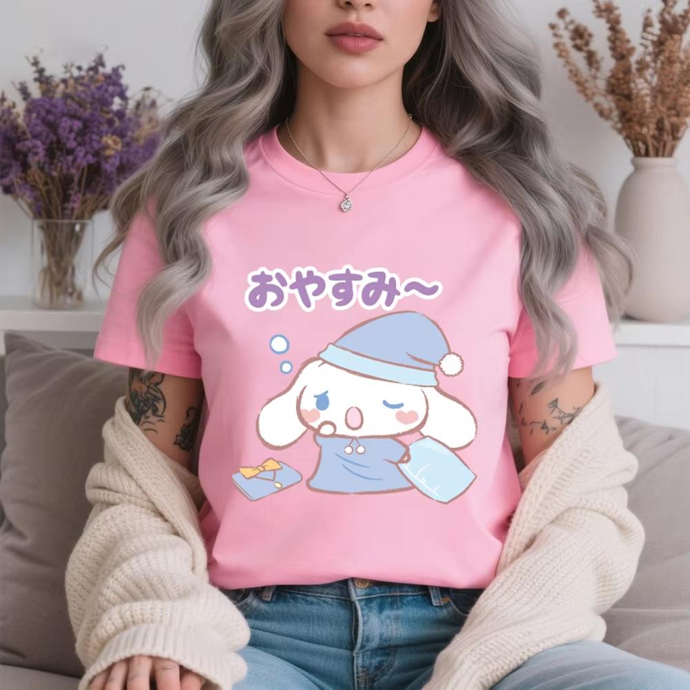 

2026 Summer Cute Cinnamoroll Good Night Sleep Print Cotton T Shirt for Women Casual Soft Comfortable Summer Top S