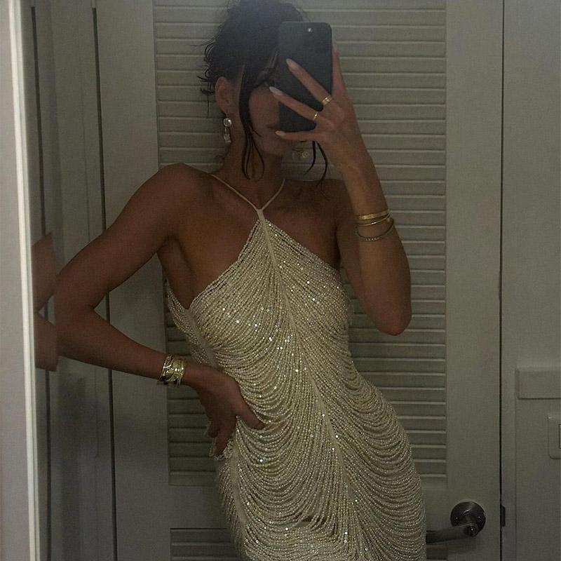 Sexy Elegant Shiny Beading Halter Short Dress Women Fashion Sequin Tassel Slim Fit Sleeveless Backless Party Dresses