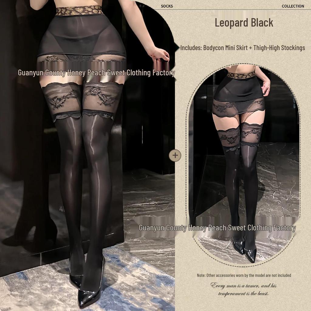 Seductive Sheer Hip-Hugging Miniskirt with Lace Trim and Over-the-Knee Black Stockings