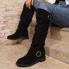 Women'S Solid Color Trendy Boots, Buckle Belt Pull on Heel High Knee Boots, Winter Round Toe Slouchy Boots