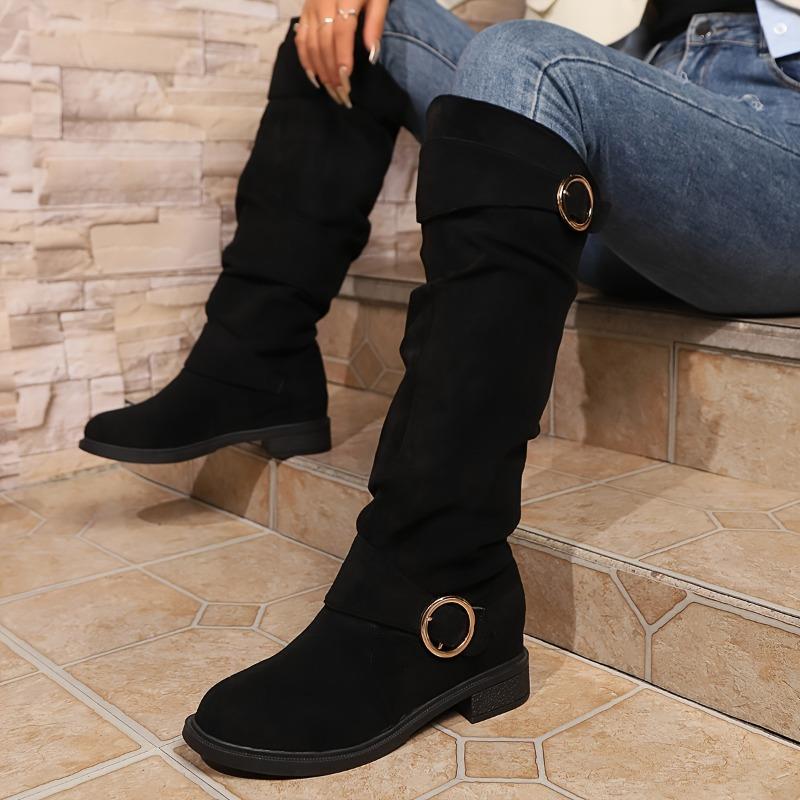 Women'S Solid Color Trendy Boots, Buckle Belt Pull on Heel High Knee Boots, Winter Round Toe Slouchy Boots
