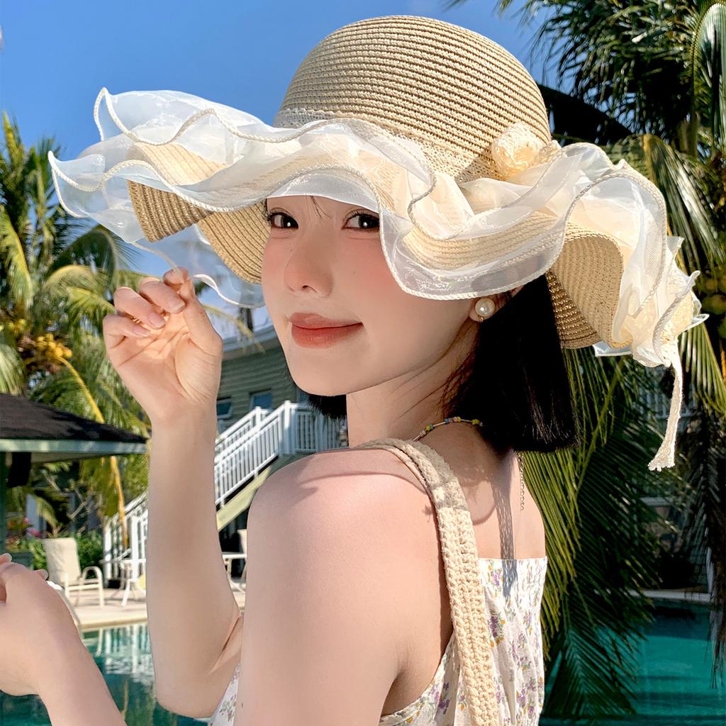 Lace Bow Straw Hat Women's Summer French Large Brim Sunscreen Hat Seaside Beach Vacation Sun Hat