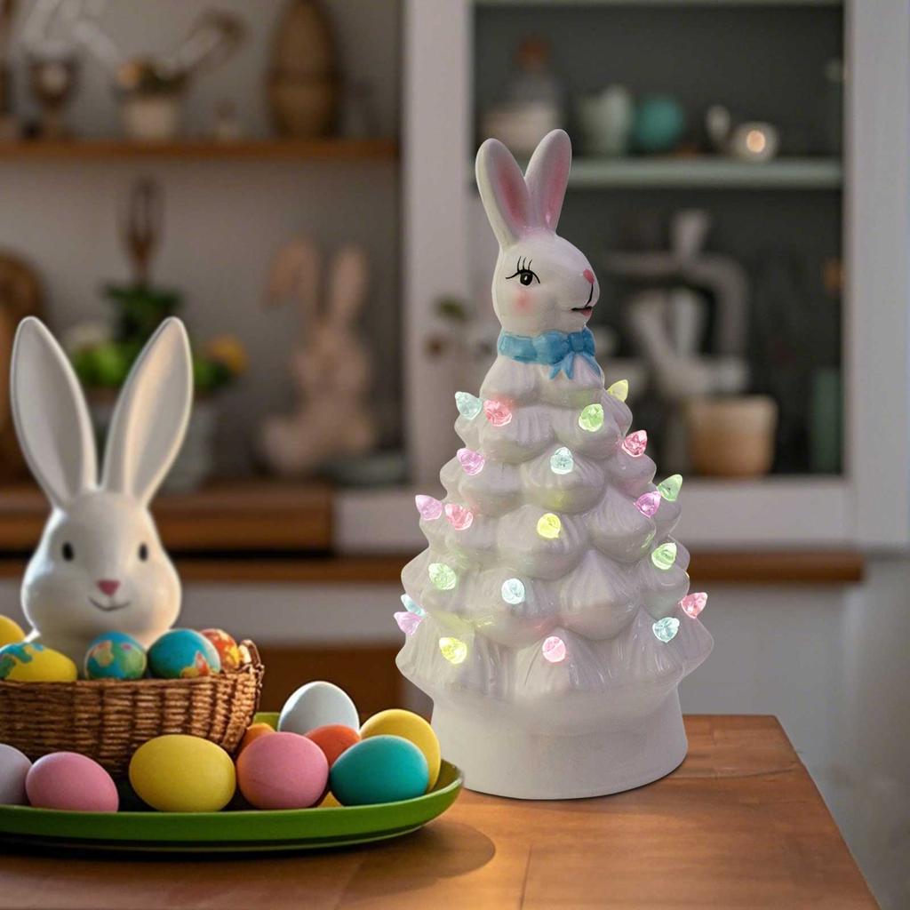 Ceramic Easter Bunny Tree Decoration with LED Lights Holiday Collectible Figurines Fireplace Table Farmhouse Spring Home Decor