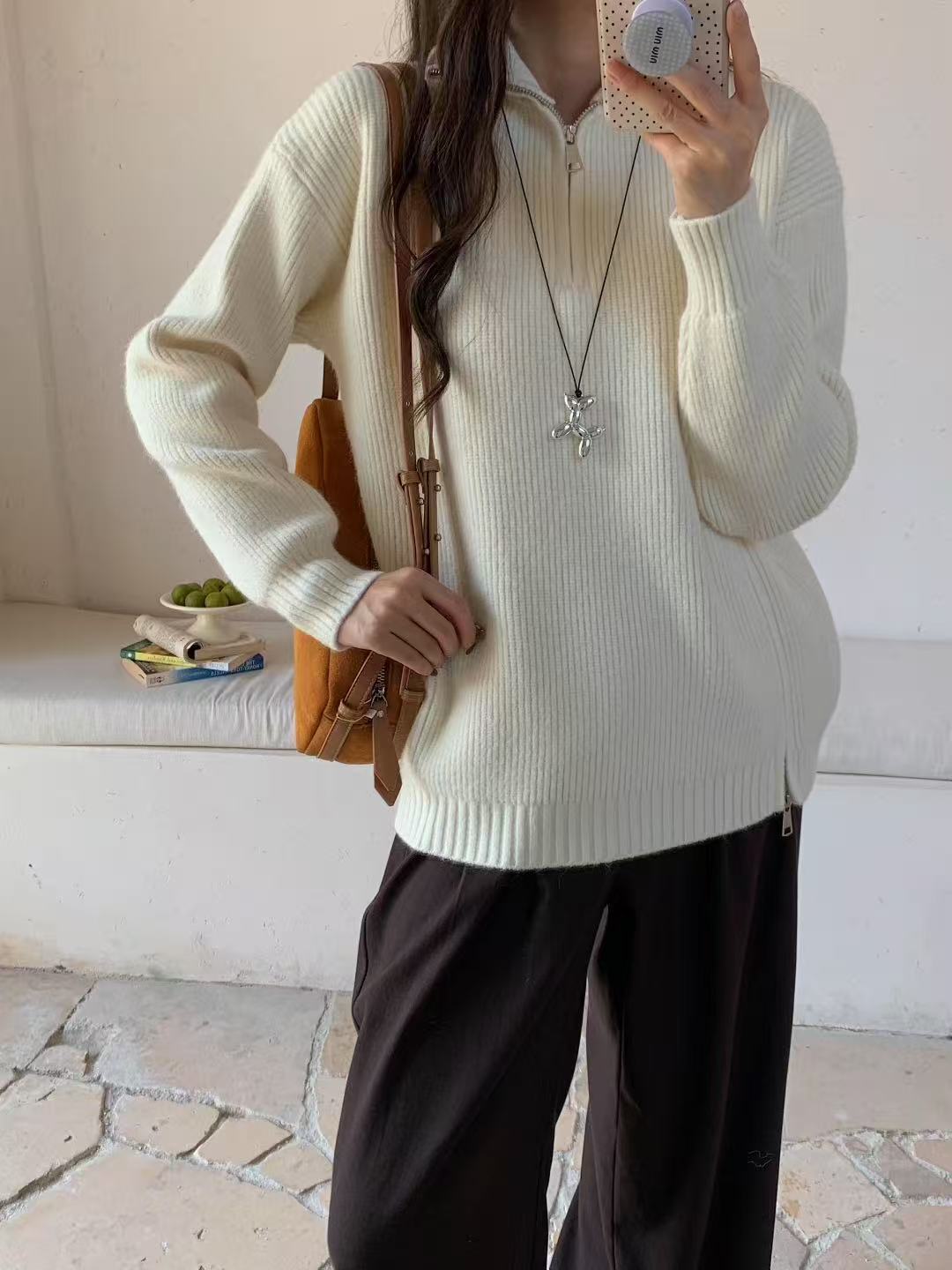 

Side waist split zipper pullover sweater women s autumn and winter new loose thickened stand-up neck knitted sweater top One size