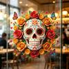Indoor Outdoor Festive Window Art Day of The Dead Skull Flower Static Sticker, Colorful Mexican Floral Glass Decorative Stickers for Home Halloween