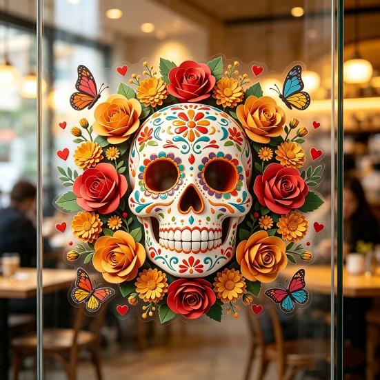 Indoor Outdoor Festive Window Art Day of The Dead Skull Flower Static Sticker, Colorful Mexican Floral Glass Decorative Stickers for Home Halloween