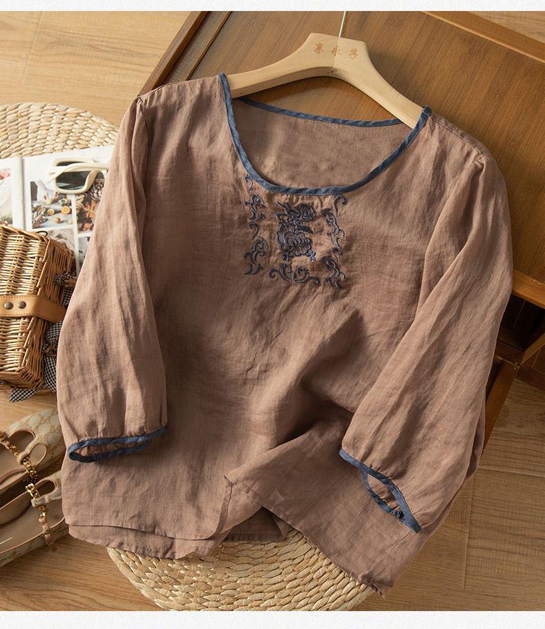 2024 Summer Retro Embroidered Cotton-Linen Colorblock Chinese Style Pullover Shirt