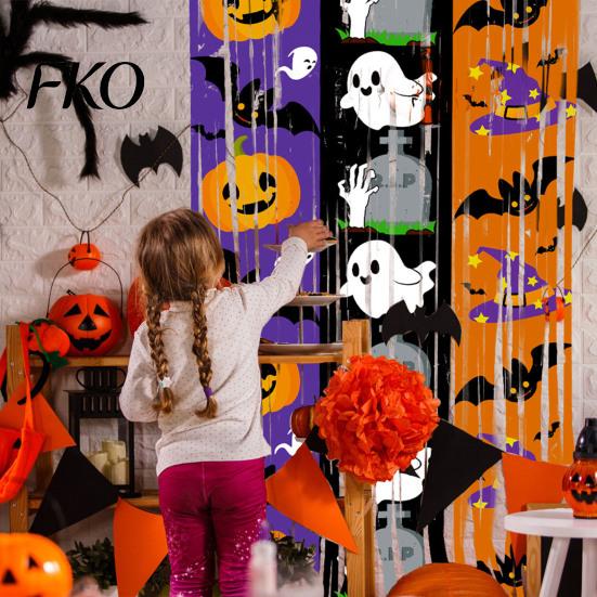 Halloween Tinsel Curtain Foil Fringe for Halloween, Orange Purple Black Background Event Decoration Photo Booth Props, Pumpkin Ghost Bat Party Shiny