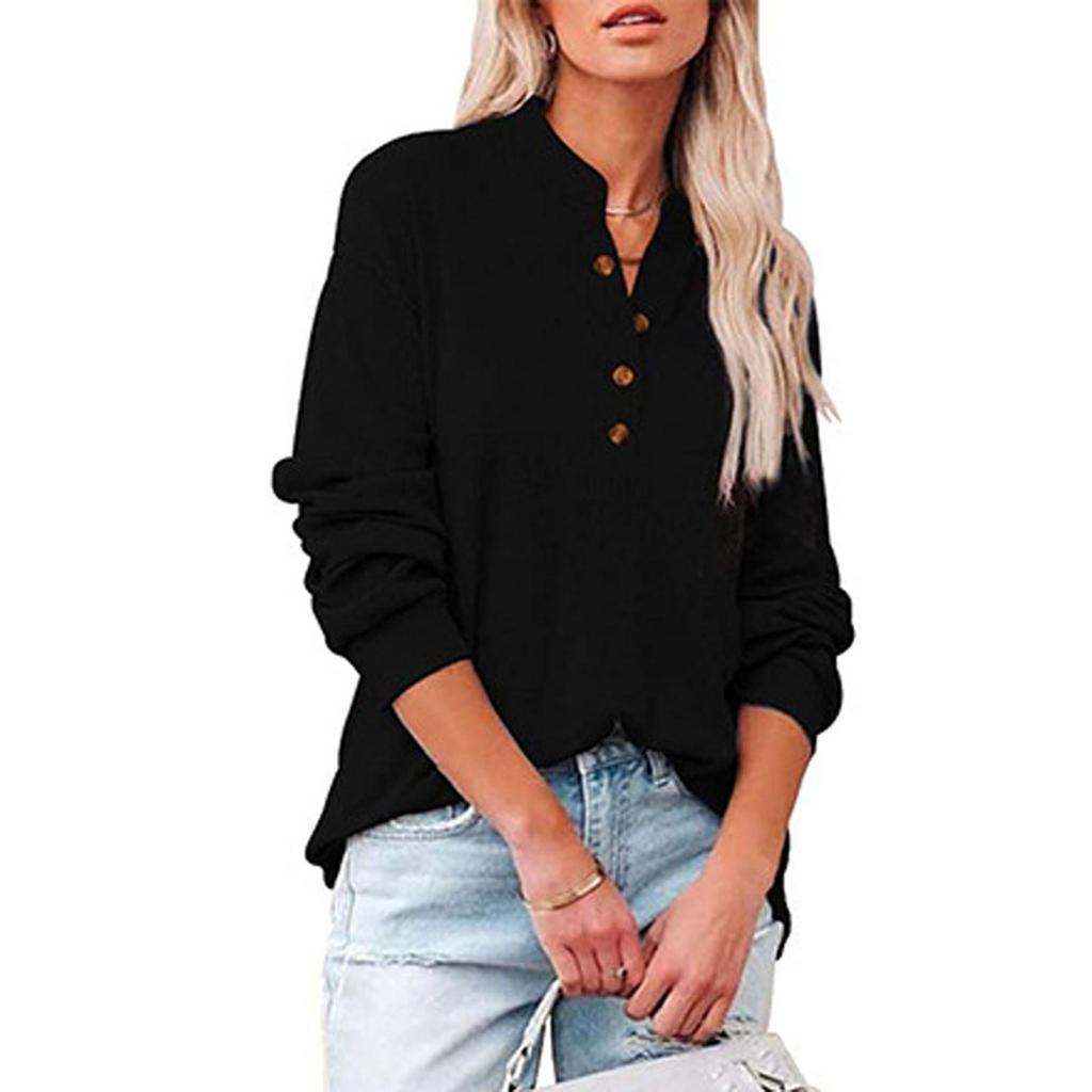 Women's Casual T-Shirt Buttons V-Neck Long-sleeved Knitted Shirt Blouse Tops