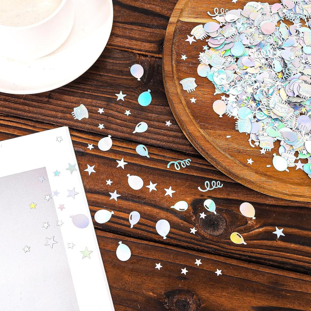 600pcs Birthday Confetti, Metallic Birthday Table Scatter Iridescent Party Confetti for DIY Crafts Cake Balloons Stars Ribbons Shapes Festive Table