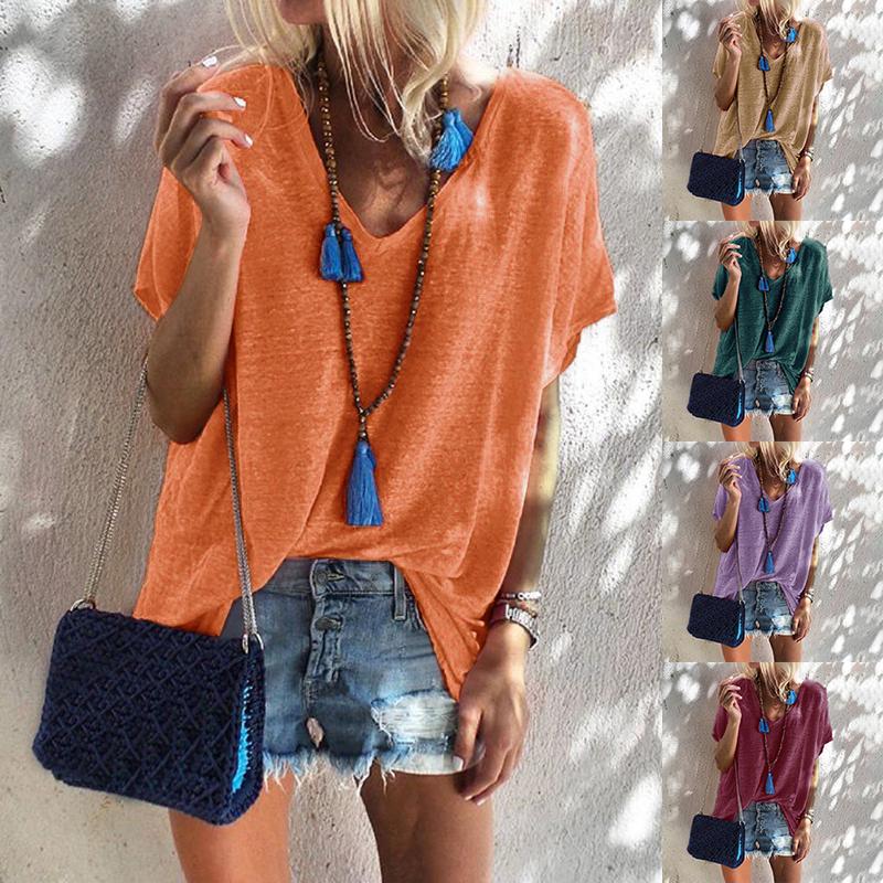 Women Summer V Neck Casual Short Sleeve Shirts Plus Size Cotton Top